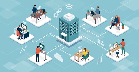Professional business teleworkers connecting online and working from home for their corporate company, remote working and networks conceptのイラスト素材