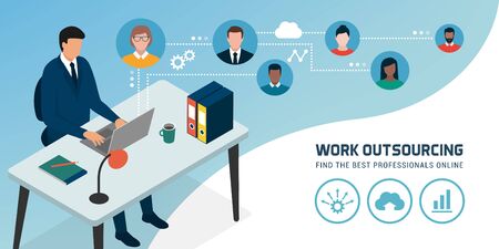 Corporate businessman connecting online with his laptop and hiring freelancers, work outsourcing conceptのイラスト素材