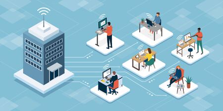 Professional business teleworkers connecting online and working from home for their corporate company, remote working and networks conceptのイラスト素材