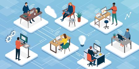 Teleworking and business teamwork: professional workers connecting with their computers and working with their colleagues online, working from home conceptのイラスト素材