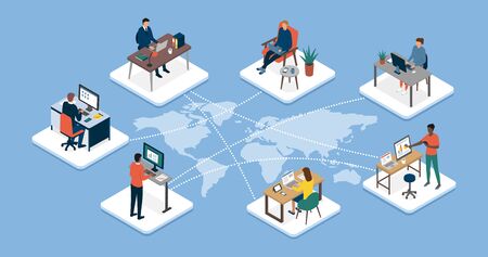 International business team connecting online together and teleworking: work outsourcing and telecommuting conceptのイラスト素材