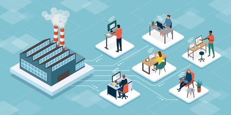 Professional teleworkers connecting with their company industrial production site and working together online, telecommuting and networks conceptのイラスト素材