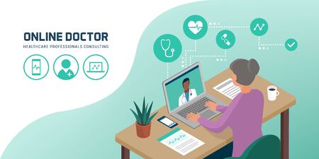 Senior woman connecting with her laptop and videocalling her doctor from home, telemedicine conceptのイラスト素材