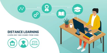 Student connecting online to e-learning platforms and attending online courses, distance learning conceptのイラスト素材