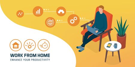 Young freelancer working from home and connecting online, telework and online communications conceptのイラスト素材