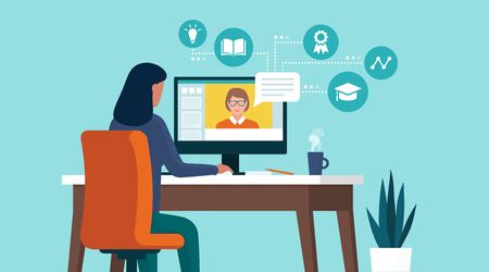 Woman connecting with her computer at home and following online courses, distance learning conceptのイラスト素材