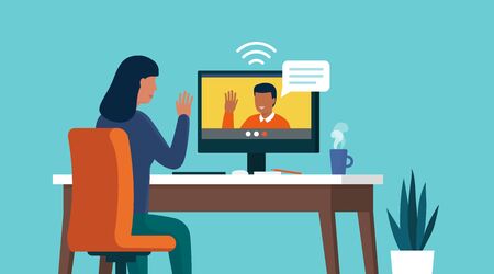 Woman video calling her friend online with her computer at home, relationships and communication conceptのイラスト素材