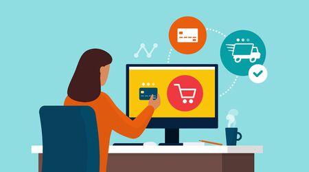Woman doing online shopping on her computer at home and paying with her credit cardのイラスト素材