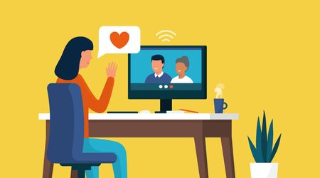 Woman connecting with her computer at home and videocalling her family, relationships and communication conceptのイラスト素材