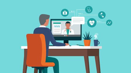 Senior man consulting a doctor online using his computer, telemedicine and online doctor conceptのイラスト素材