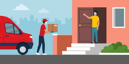Safe home delivery during coronavirus covid-19 epidemic: man delivering a box to a customer and leaving the box at a safe distance, he is wearing mask and glovesのイラスト素材