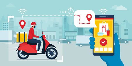 Safe fast food delivery during coronavirus covid-19 epidemic and app on a smartphone tracking the  delivery man on a moped, technology and logistics concept, city skyline in the backgroundのイラスト素材