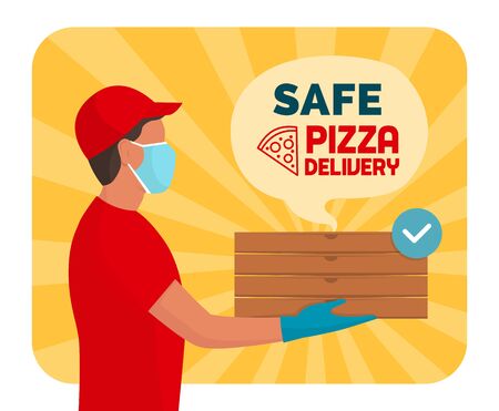 Safe pizza delivery at home during coronavirus covid-19 epidemic: delivery guy holding stacked pizza boxes, he is wearing a protective face mask and glovesのイラスト素材