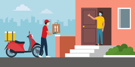 Safe fast food delivery at home during coronavirus covid-19 epidemic: man delivering a bag with a ready meal to a customer and keeping a safe distance, he is wearing a protective face mask and glovesのイラスト素材