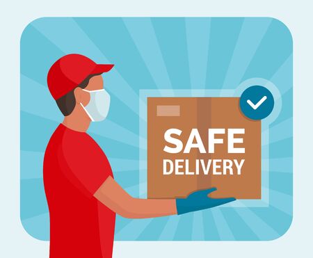 Safe home delivery during coronavirus covid-19 epidemic: man wearing gloves and face mask while delivering a parcelのイラスト素材