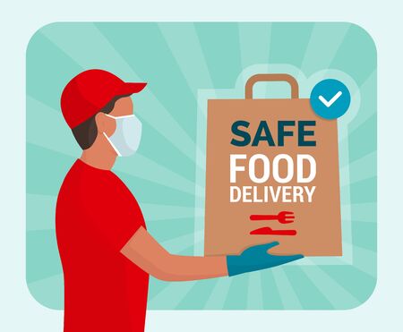 Safe food delivery at home during coronavirus covid-19 epidemic: delivery man holding a bag with fast food, he is wearing a face mask and glovesのイラスト素材