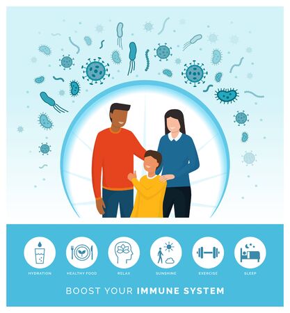 Family boosting their immune system and following a healthy lifestyle, they are protecting themselves from infections and diseasesのイラスト素材