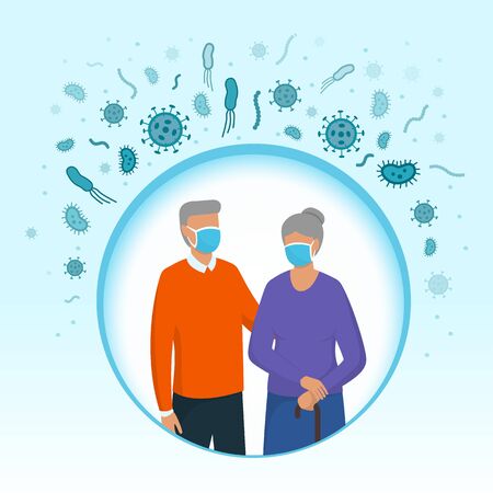 Seniors wearing protective face masks and avoiding contagion: coronavirus epidemic prevention and senior care conceptのイラスト素材