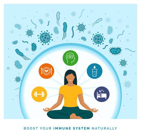 Woman boosting her immune system naturally and defeating viruses, she is following a healthy lifestyle and practicing meditationのイラスト素材
