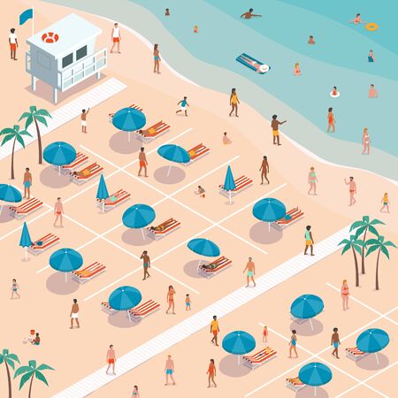 People social distancing at the beach during coronavirus covid-19 outbreak, prevention and safety measures concept, isometric illustrationのイラスト素材