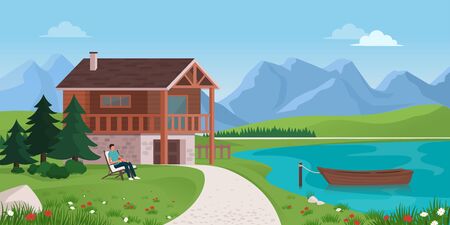 Man having relaxing vacations outdoors, he is lying on a deck chair next to a mountain chalet, landscape with mountains in the backgroundのイラスト素材