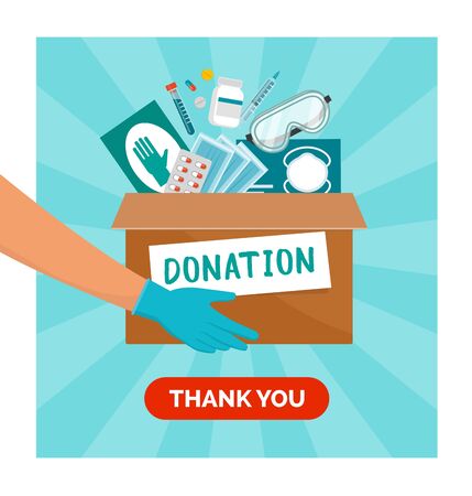 Medical equipment donation during coronavirus covid-19 pandemic, volunteer holding a donation box filled with medicines, surgical gloves and face masks, solidarity conceptのイラスト素材