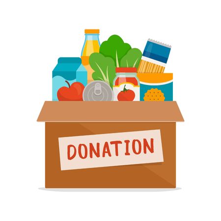Grocery food in a donation box on white background, food drive and volunteering conceptのイラスト素材