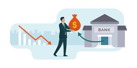 Economic crisis and businessman receiving financial assistance from government and central banksのイラスト素材