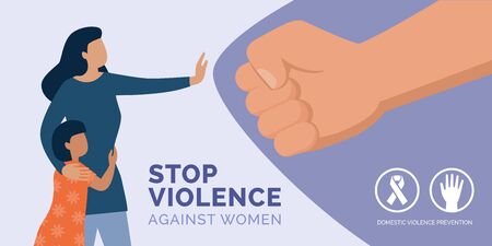 Stop violence against women awareness: mother protecting her daughter and herself and reacting against domestic violenceのイラスト素材