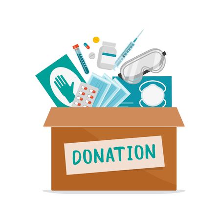 Medical equipment donation during coronavirus covid-19 pandemic, donation box filled with medicines, surgical gloves and face masks, solidarity conceptのイラスト素材