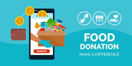 Food and meal donation app on a smartphone, volunteering and charity conceptのイラスト素材