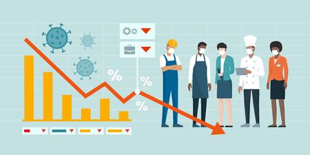 Impact on jobs of coronavirus covid-19: financial crisis and unemployment, workers standing next to a financial chart showing economic recessionのイラスト素材