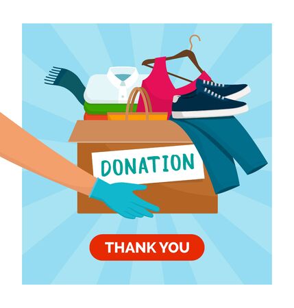 Volunteer holding a donation box with clothing and using protective gloves, covid-19 solidarity response and volunteering conceptのイラスト素材