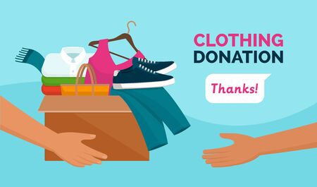 Volunteer holding a donation box with clothes, awareness and charity conceptのイラスト素材