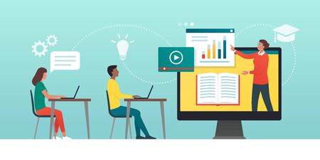E-learning platform and distance learning: academic students following online courses in a virtual classのイラスト素材