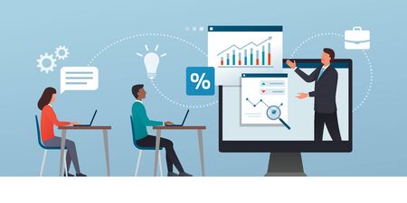 Business management online courses and consulting: corporate businessman connecting with his academic students online and analyzing financial chartsのイラスト素材