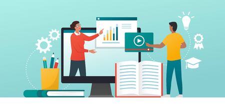 E-learning platform and distance learning: professional tutor helping a university studentのイラスト素材