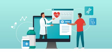 Online medical consultation and prescription medicine: professional doctor connecting and giving a consultation for a patient, telemedicine conceptのイラスト素材