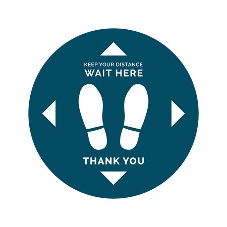 Social distancing and coronavirus covid-19 prevention: floor sticker sign with shoes footprint and warning for customersのイラスト素材