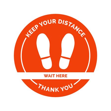 Social distancing and coronavirus covid-19 prevention: floor sticker sign with shoes footprint and warning for customersのイラスト素材
