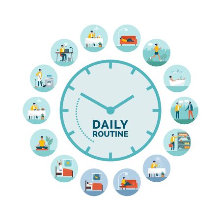 Clock with daily activities routine: woman perfoming different tasks during day and night, healthy lifestyle and biological rhythms conceptのイラスト素材