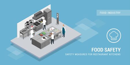 Chefs working in the kitchen restaurant following safety measures during coronavirus epidemicのイラスト素材