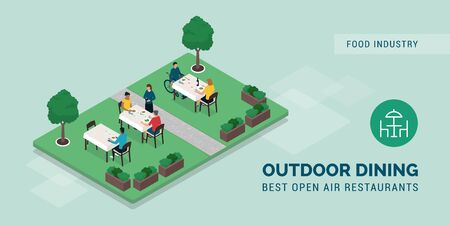 Outdoor dining restaurant: people eating outside in a beautiful garden and waitress taking ordersのイラスト素材