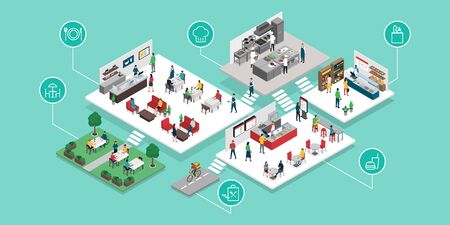 Food and restaurant industry and retail places isometric infographic: restaurant, fast food, professional kitchen, food shop and food deliveryのイラスト素材