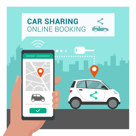 Car sharing app: man booking his car online using a mobile appのイラスト素材
