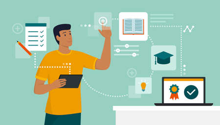 E-learning and online education: student connecting with his digital tablet and attending courses...