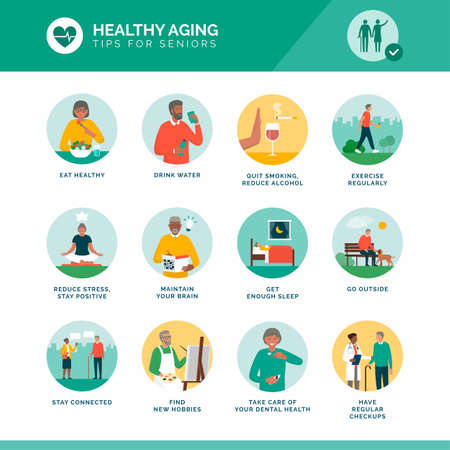 Healthy aging and senior wellness icons set: healthy lifestyle, brain maintenance and fitness for elder peopleのイラスト素材