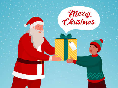 Santa Claus giving a Christmas gift to a boy and snow falling, Christmas cardのイラスト素材