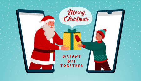 Happy Santa Claus giving a virtual gift to a boy on a video call on smartphone, distant but together...