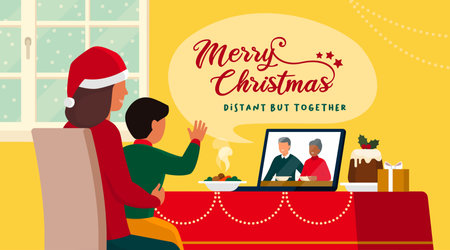 Families celebrating Christmas at home and connecting online on video call, the child is waving at the grandparents on the laptop screen while having lunchのイラスト素材